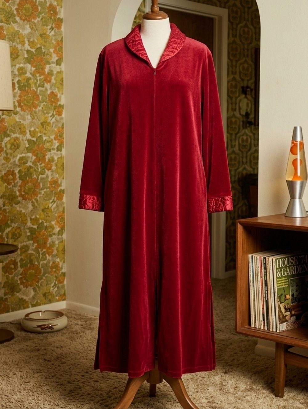 Vintage Jones New York Red Velour Maxi Robe Mrs Roper Quilted Zip Front Large